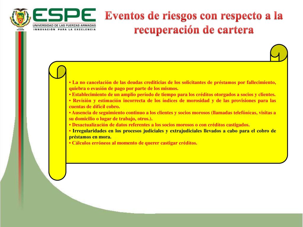Eventos de riesgos con respecto a la recuperación de cartera