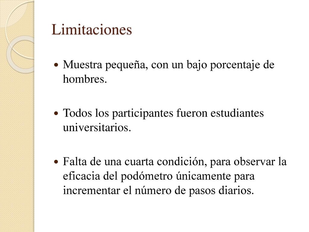 Limitaciones Muestra pequeña, con un bajo porcentaje de hombres.