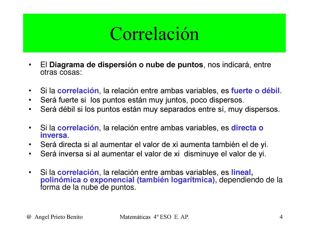 Correlación El Diagrama de dispersión o nube de puntos, nos indicará, entre otras cosas: