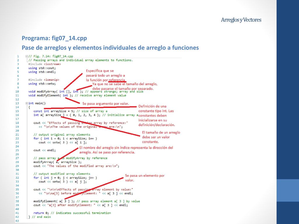 Arreglos y Vectores Programa: fig07_14.cpp Pase de arreglos y elementos individuales de arreglo a funciones