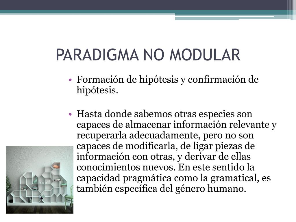 PARADIGMA NO MODULAR Formación de hipótesis y confirmación de hipótesis.