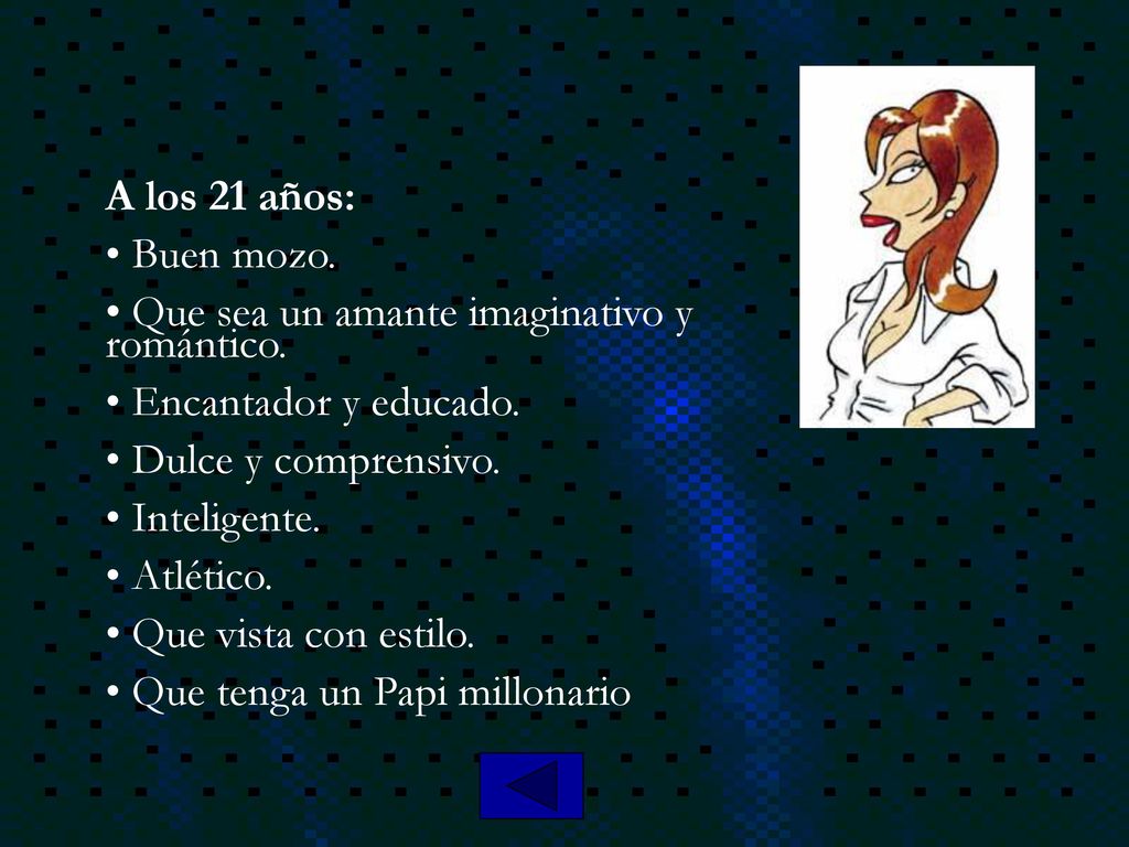 A los 21 años: Buen mozo. Que sea un amante imaginativo y romántico. Encantador y educado. Dulce y comprensivo.