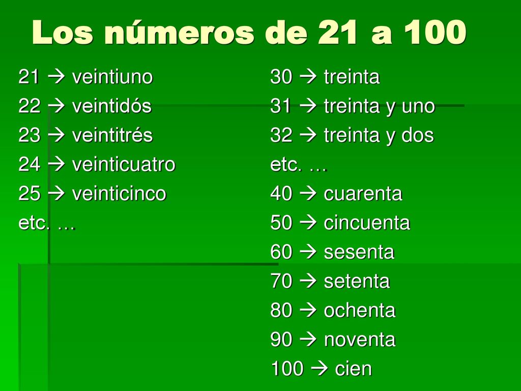 Los números de 21 a  veintiuno 22  veintidós 23  veintitrés