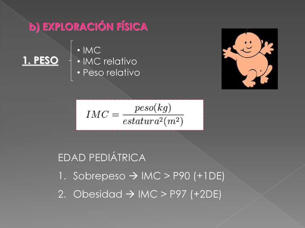 Sobrepeso  IMC > P90 (+1DE) Obesidad  IMC > P97 (+2DE)