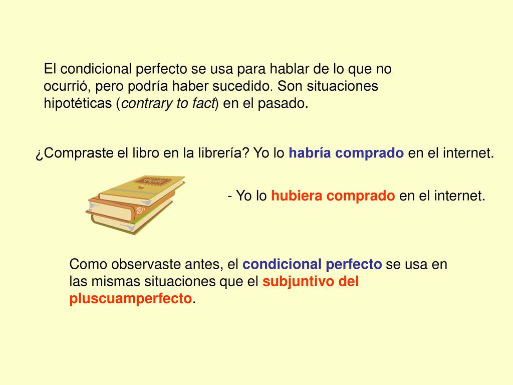 El condicional perfecto se usa para hablar de lo que no ocurrió, pero podría haber sucedido. Son situaciones hipotéticas (contrary to fact) en el pasado.