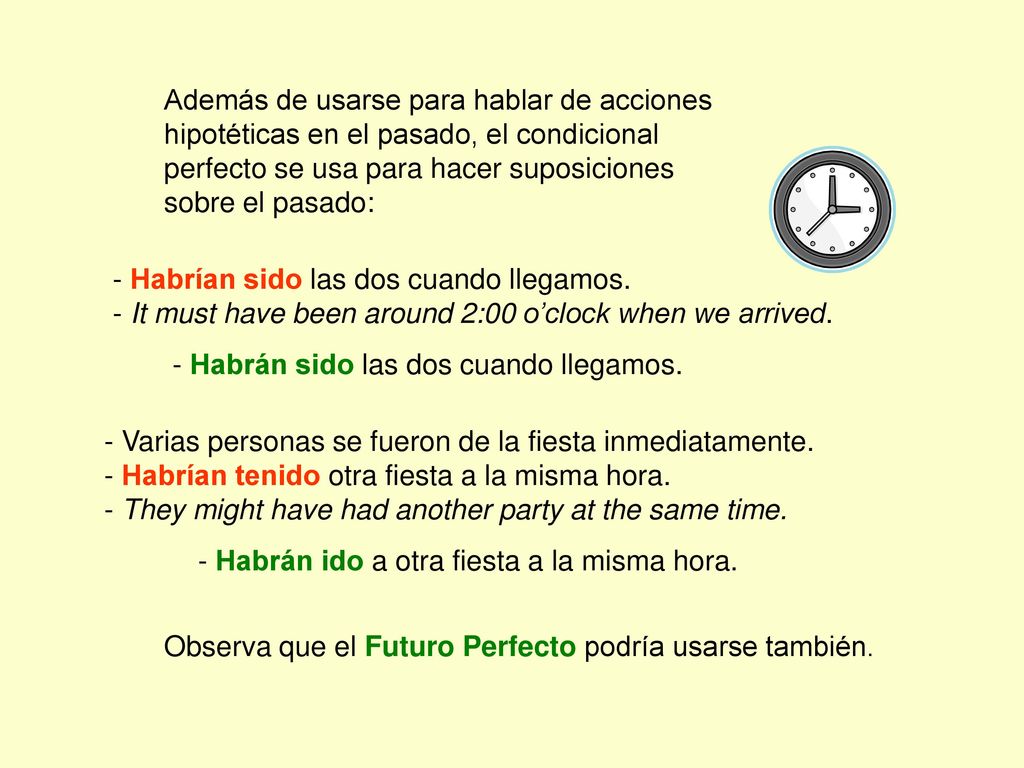 Además de usarse para hablar de acciones hipotéticas en el pasado, el condicional perfecto se usa para hacer suposiciones sobre el pasado: