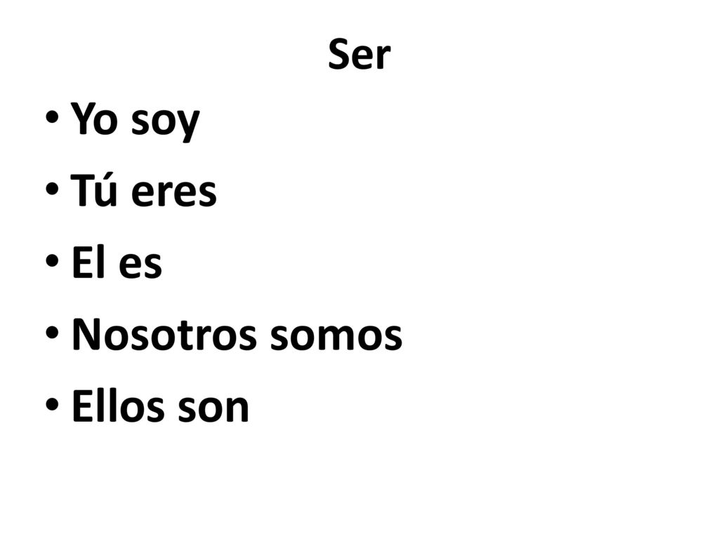 Ser Yo soy Tú eres El es Nosotros somos Ellos son