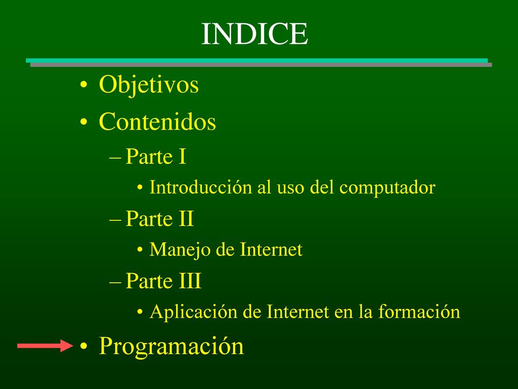 INDICE Objetivos Contenidos Programación Parte I Parte II Parte III