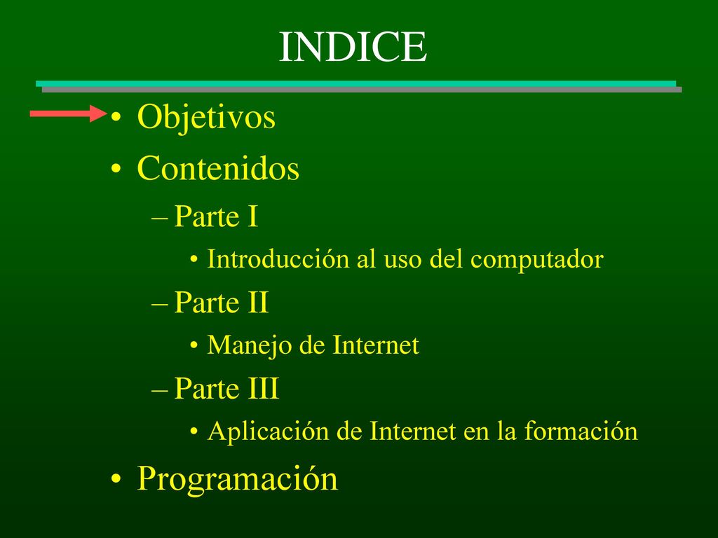 INDICE Objetivos Contenidos Programación Parte I Parte II Parte III