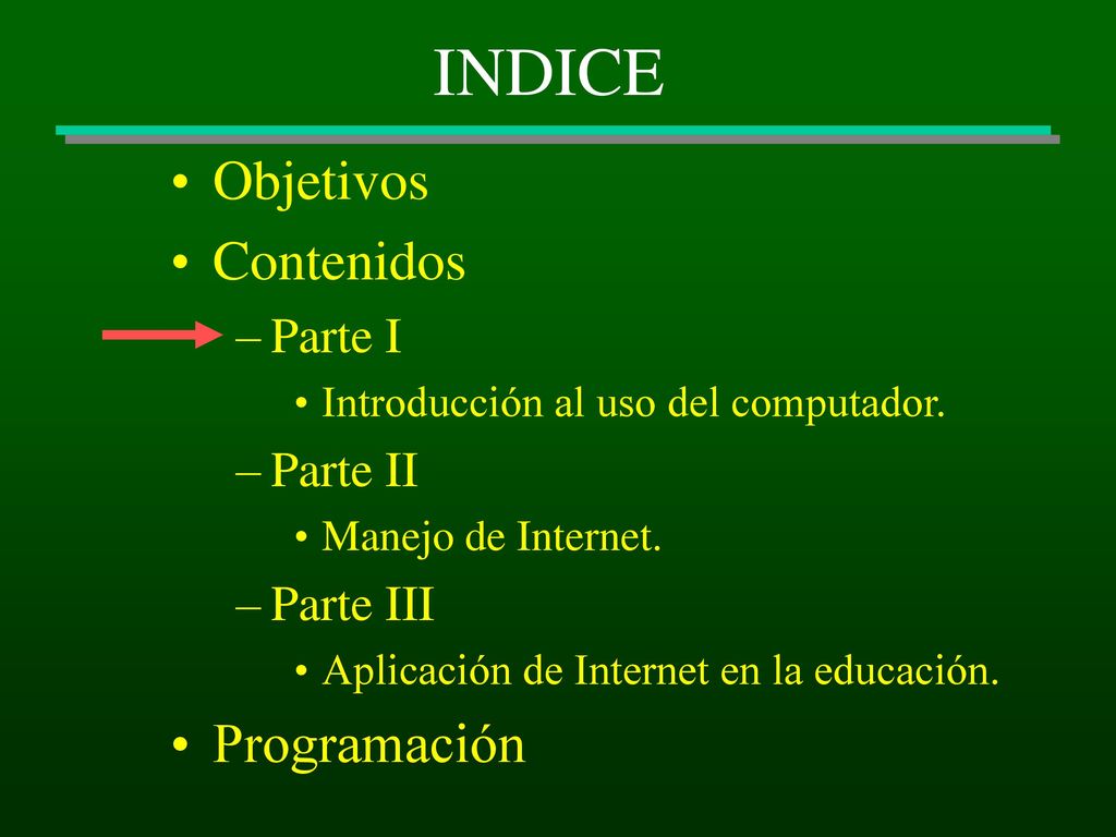INDICE Objetivos Contenidos Programación Parte I Parte II Parte III