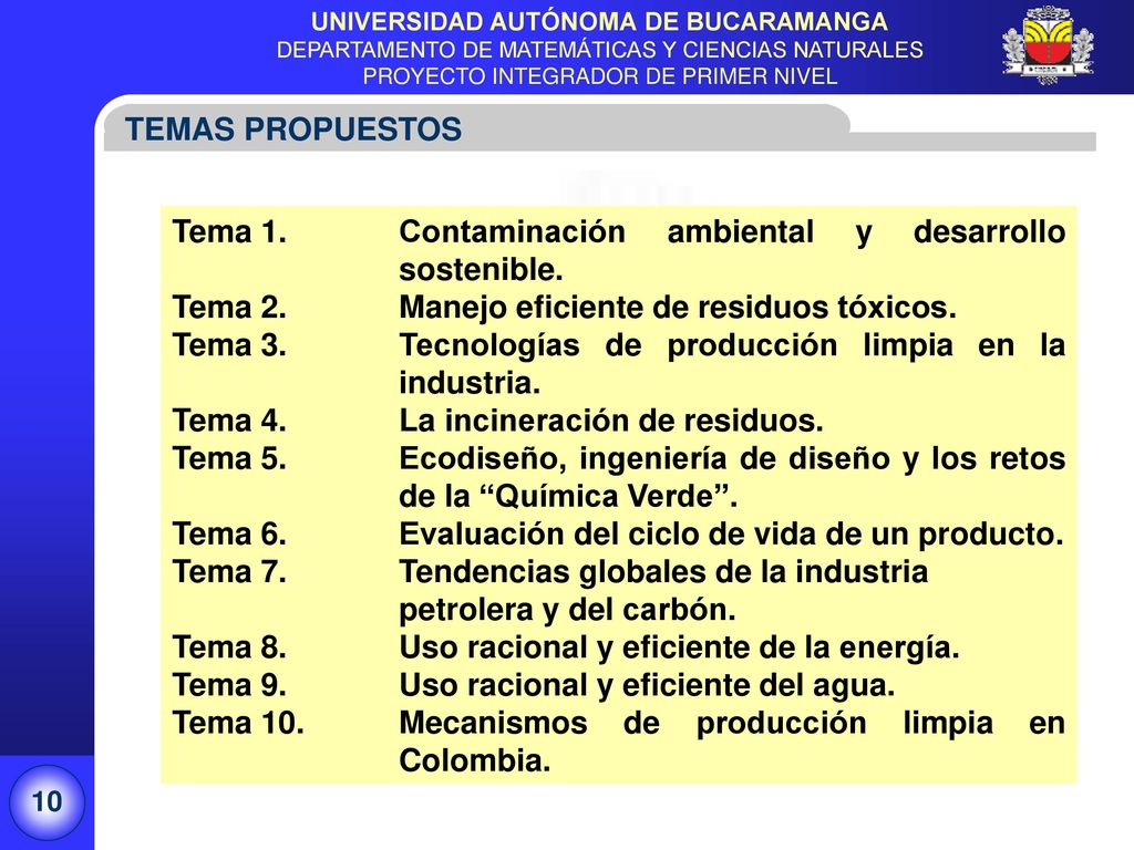 TEMAS PROPUESTOS Tema 1. Contaminación ambiental y desarrollo sostenible. Tema 2. Manejo eficiente de residuos tóxicos.