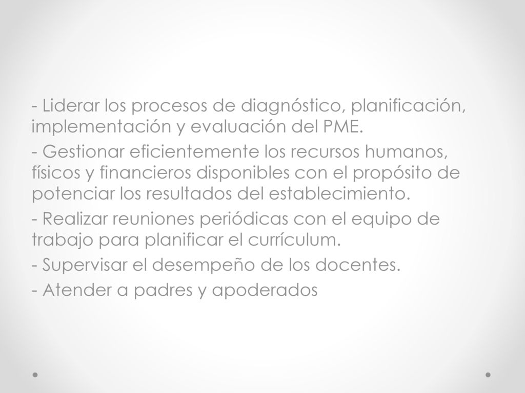 - Liderar los procesos de diagnóstico, planificación, implementación y evaluación del PME.