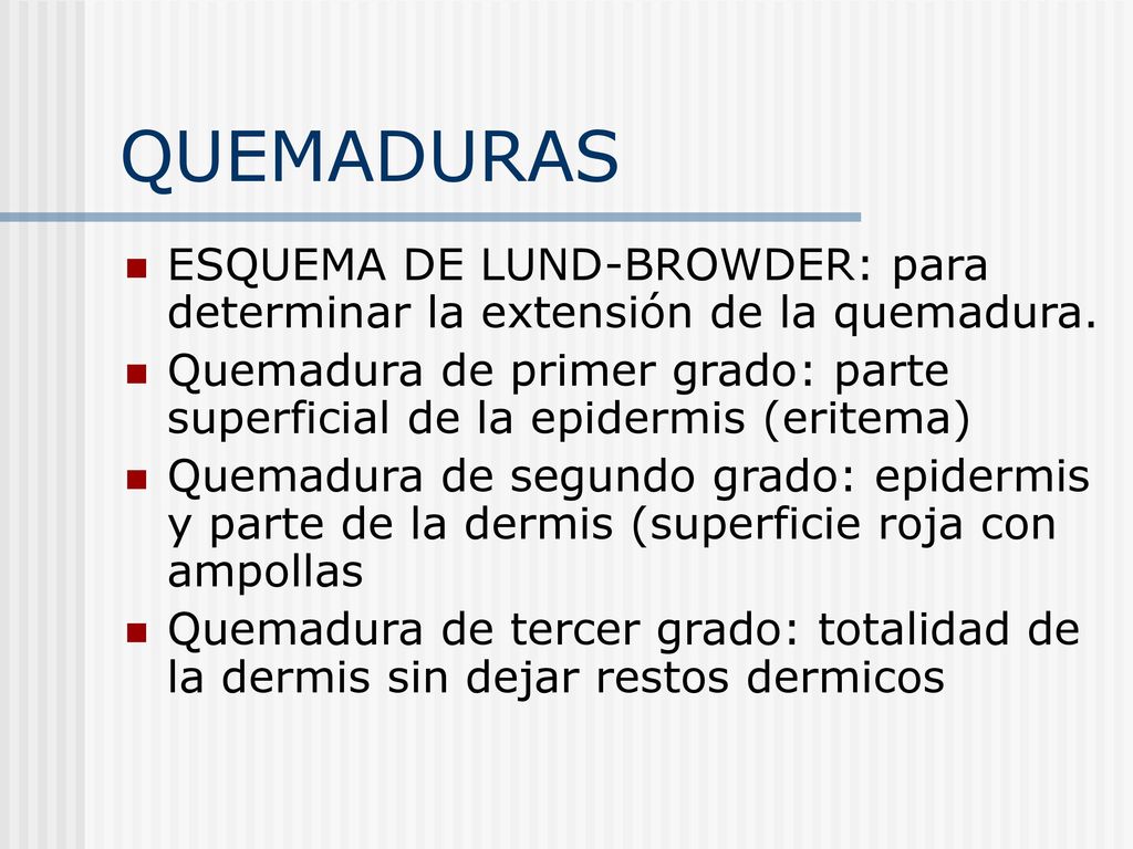 QUEMADURAS ESQUEMA DE LUND-BROWDER: para determinar la extensión de la quemadura.
