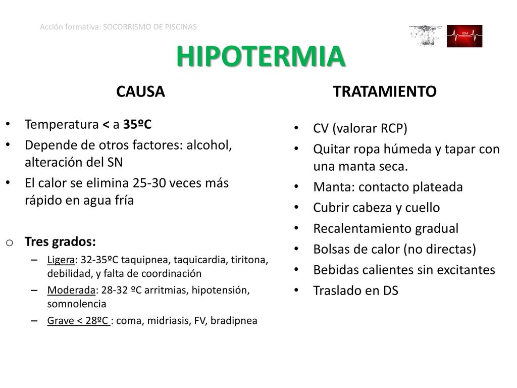 HIPOTERMIA CAUSA TRATAMIENTO Temperatura < a 35ºC CV (valorar RCP)