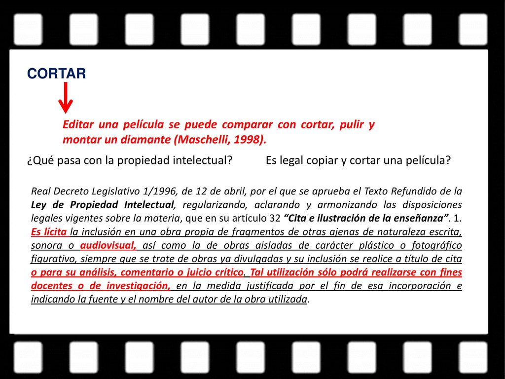 CORTAR Editar una película se puede comparar con cortar, pulir y montar un diamante (Maschelli, 1998).