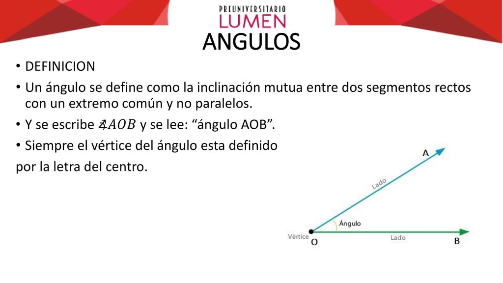 ANGULOS DEFINICION. Un ángulo se define como la inclinación mutua entre dos segmentos rectos con un extremo común y no paralelos.