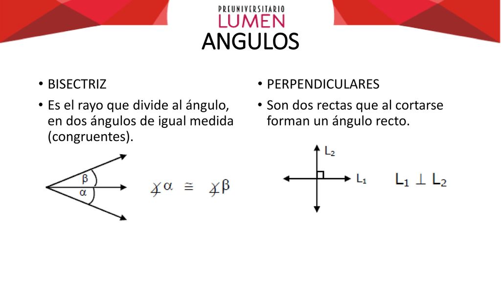 ANGULOS BISECTRIZ. Es el rayo que divide al ángulo, en dos ángulos de igual medida (congruentes).