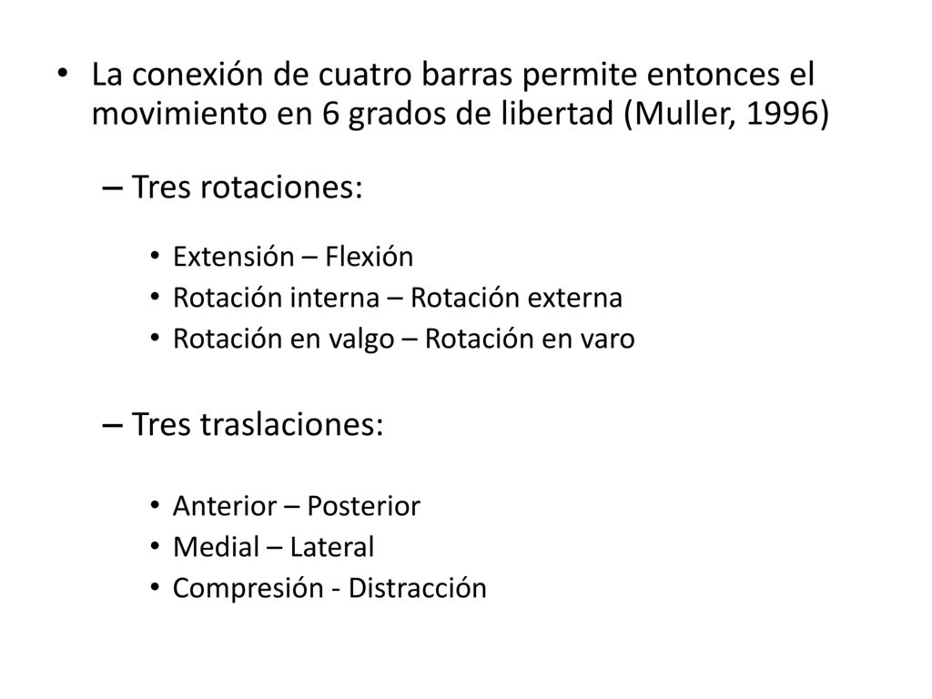 La conexión de cuatro barras permite entonces el movimiento en 6 grados de libertad (Muller, 1996)