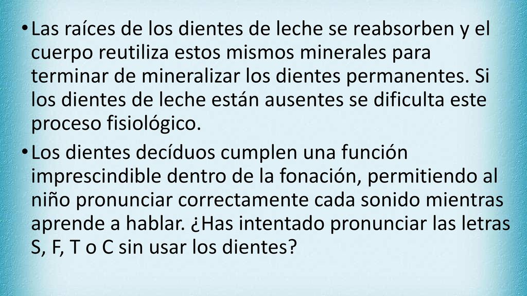 Las raíces de los dientes de leche se reabsorben y el cuerpo reutiliza estos mismos minerales para terminar de mineralizar los dientes permanentes. Si los dientes de leche están ausentes se dificulta este proceso fisiológico.