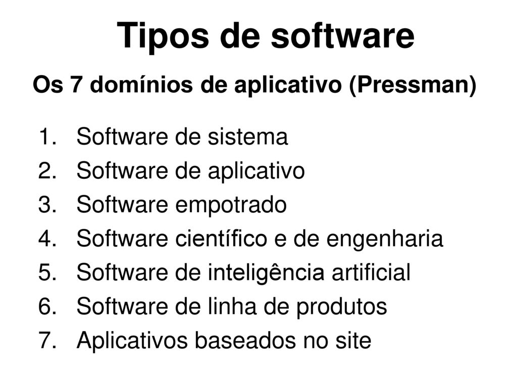 Tipos de software Os 7 domínios de aplicativo (Pressman)