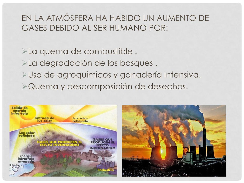 EN LA ATMÓSFERA HA HABIDO UN AUMENTO DE GASES DEBIDO AL SER HUMANO POR: