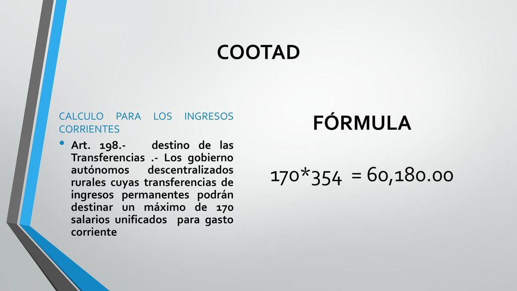 COOTAD CALCULO PARA LOS INGRESOS CORRIENTES. FÓRMULA 170*354 = 60,