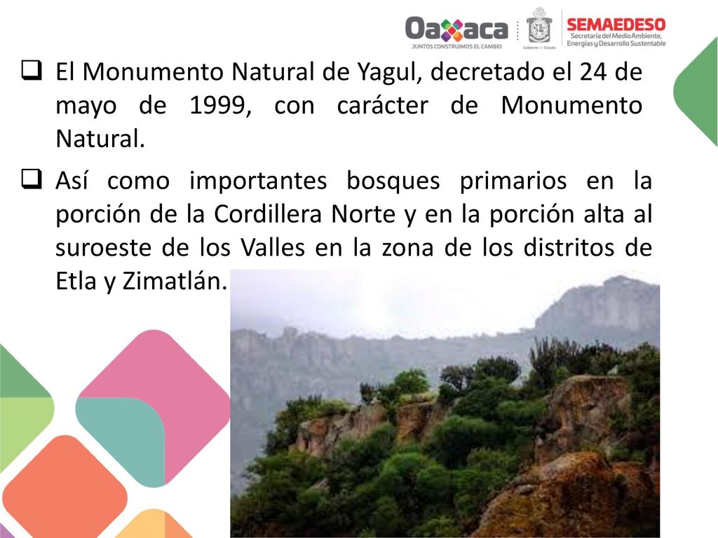 El Monumento Natural de Yagul, decretado el 24 de mayo de 1999, con carácter de Monumento Natural.