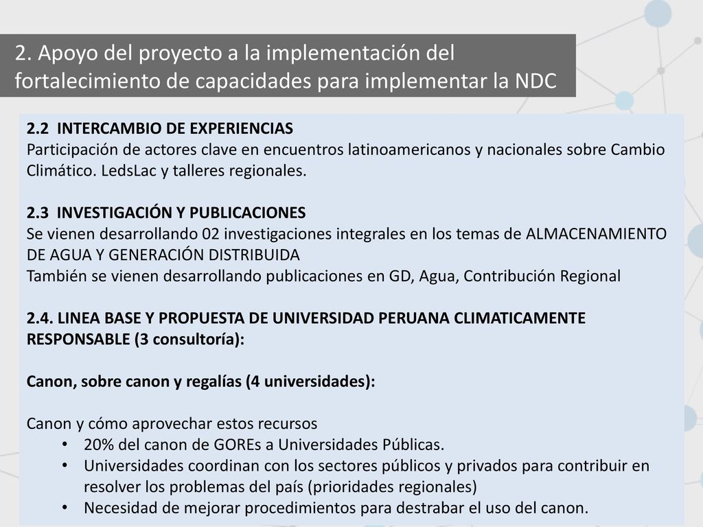 2. Apoyo del proyecto a la implementación del fortalecimiento de capacidades para implementar la NDC