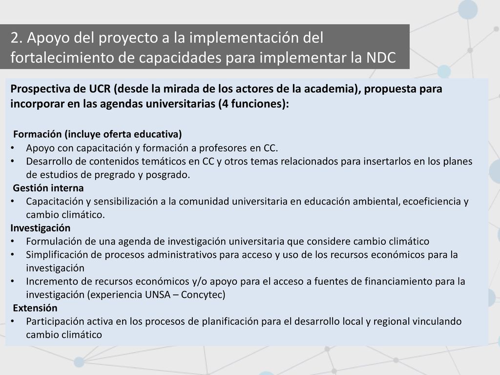 2. Apoyo del proyecto a la implementación del fortalecimiento de capacidades para implementar la NDC