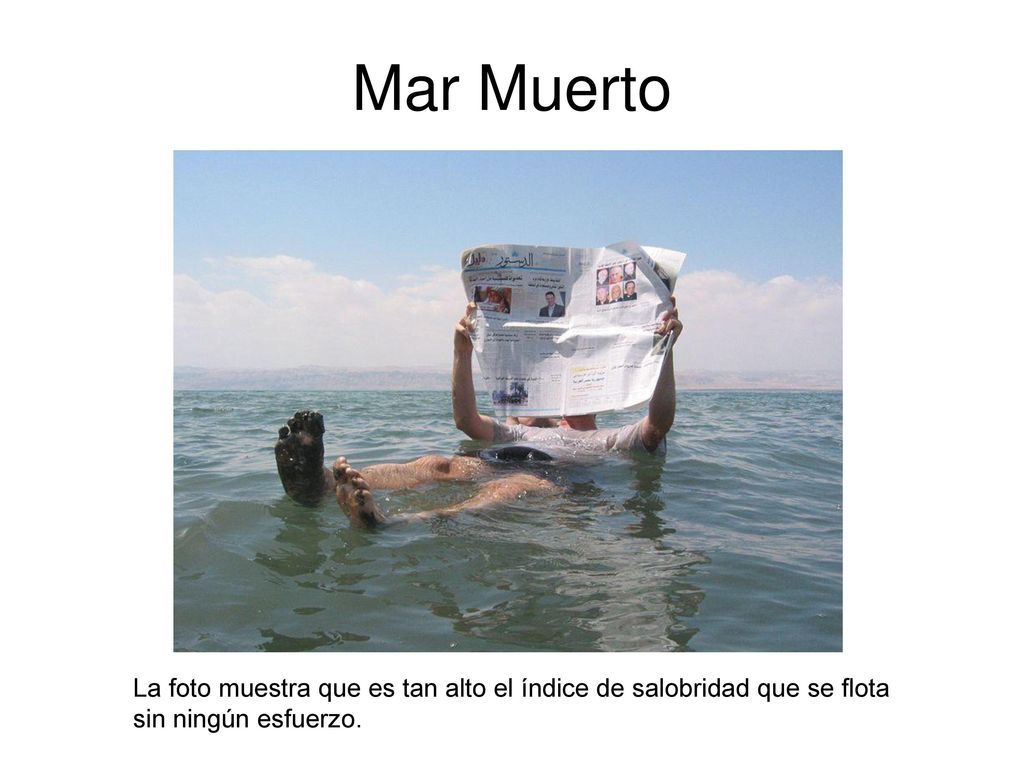Mar Muerto La foto muestra que es tan alto el índice de salobridad que se flota sin ningún esfuerzo.