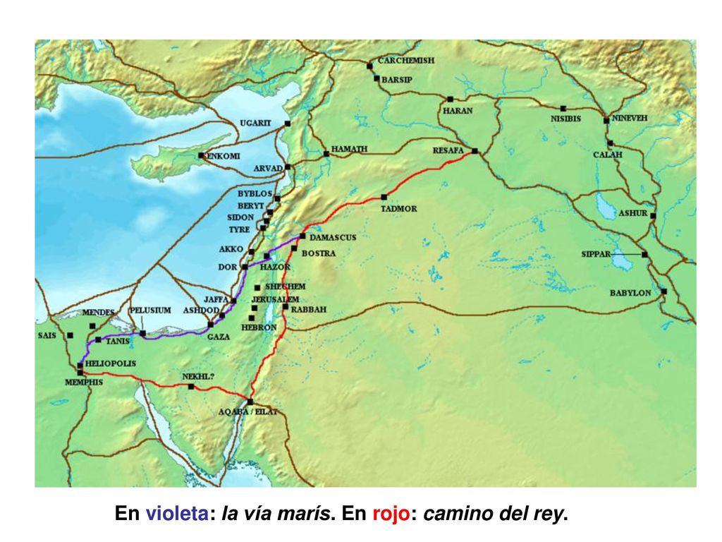 En violeta: la vía marís. En rojo: camino del rey.