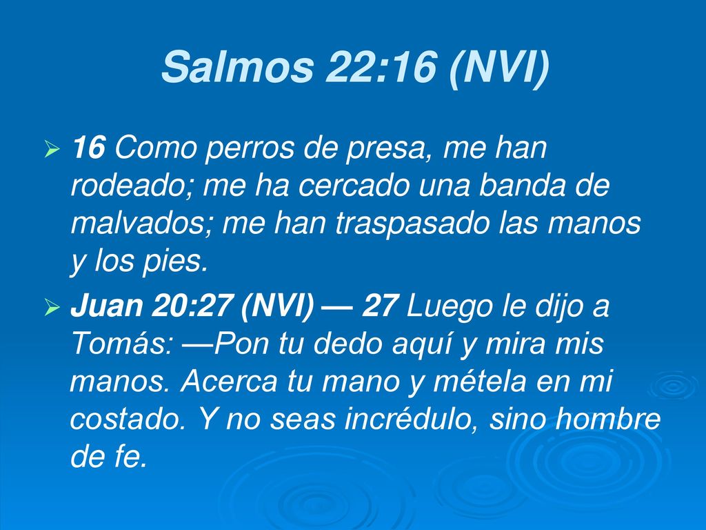 Salmos 22:16 (NVI) 16 Como perros de presa, me han rodeado; me ha cercado una banda de malvados; me han traspasado las manos y los pies.