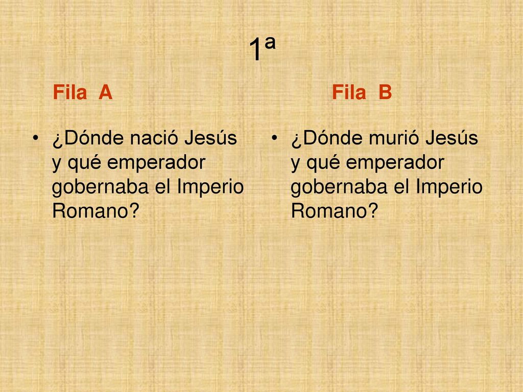 1ª Fila A Fila B. ¿Dónde nació Jesús y qué emperador gobernaba el Imperio Romano