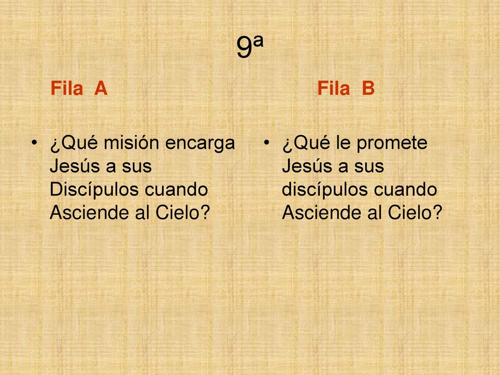 9ª Fila A Fila B. ¿Qué misión encarga Jesús a sus Discípulos cuando Asciende al Cielo
