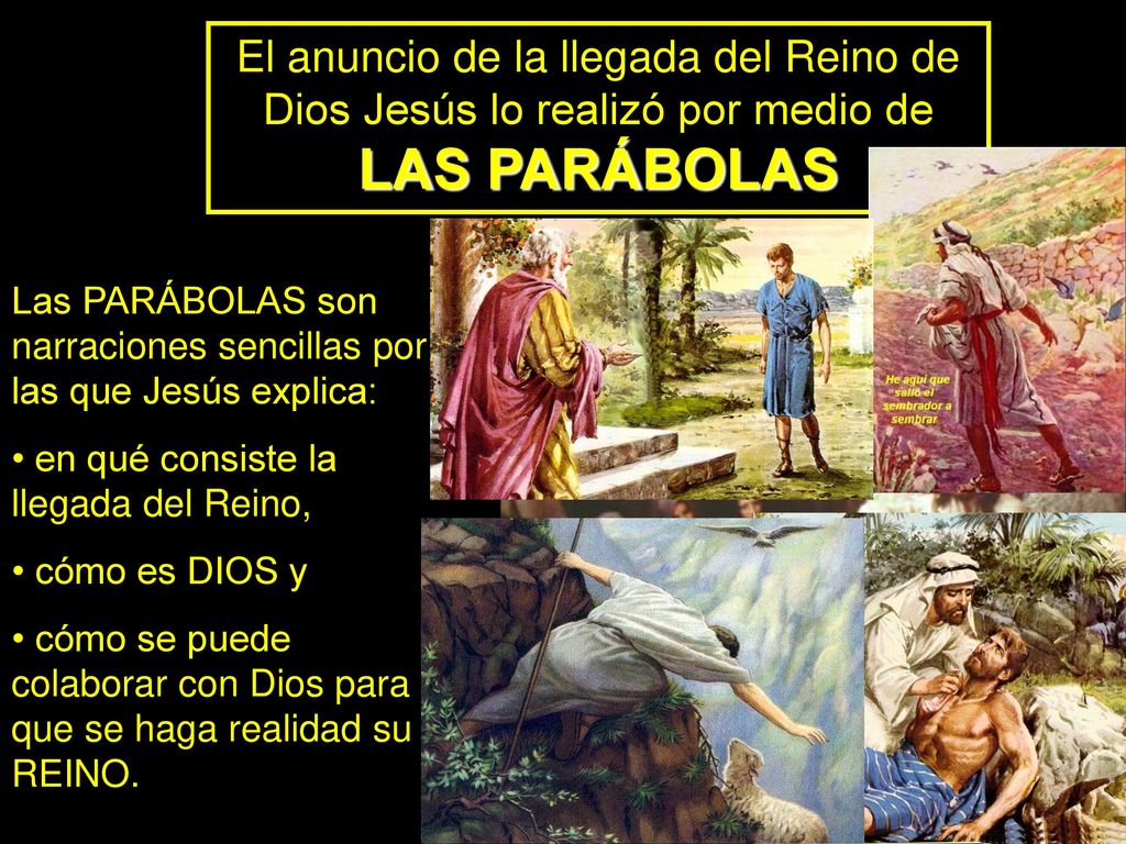 El anuncio de la llegada del Reino de Dios Jesús lo realizó por medio de LAS PARÁBOLAS