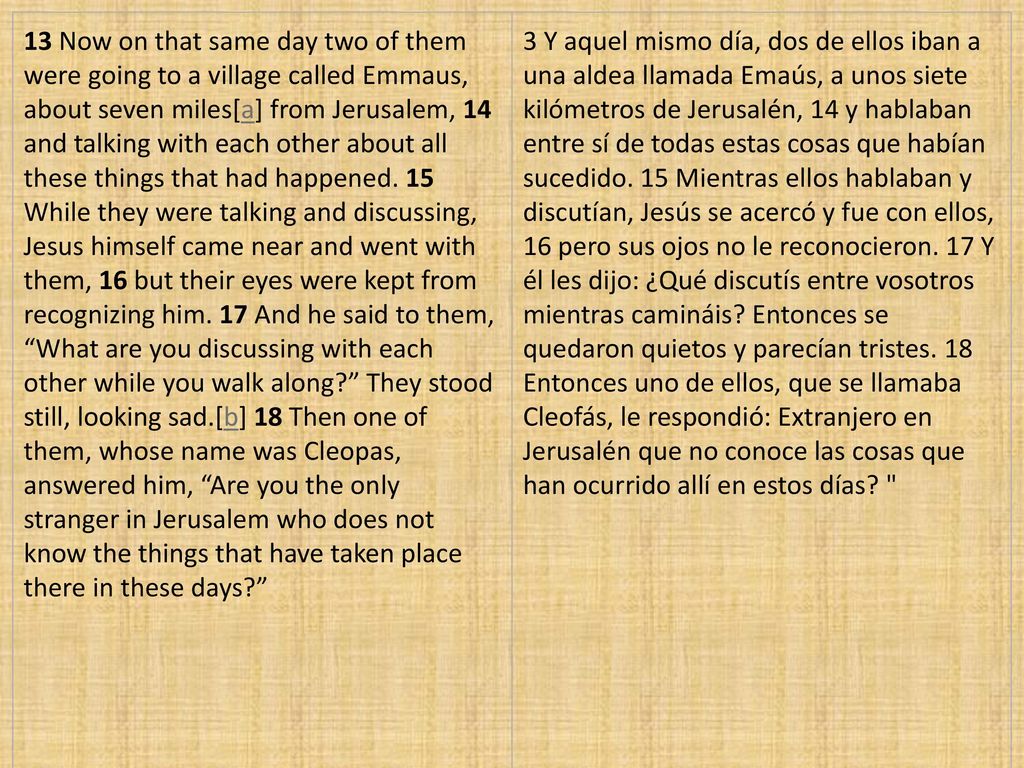 13 Now on that same day two of them were going to a village called Emmaus, about seven miles[a] from Jerusalem, 14 and talking with each other about all these things that had happened. 15 While they were talking and discussing, Jesus himself came near and went with them, 16 but their eyes were kept from recognizing him. 17 And he said to them, What are you discussing with each other while you walk along They stood still, looking sad.[b] 18 Then one of them, whose name was Cleopas, answered him, Are you the only stranger in Jerusalem who does not know the things that have taken place there in these days