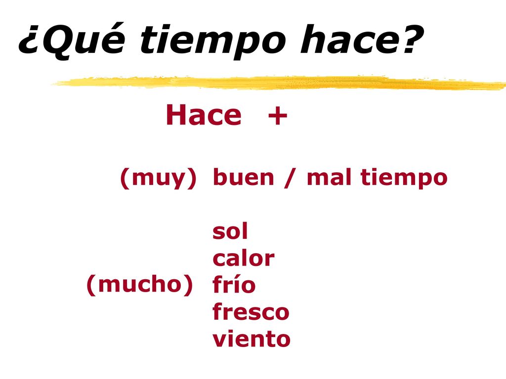 ¿Qué tiempo hace Hace + (muy) buen / mal tiempo sol calor frío fresco