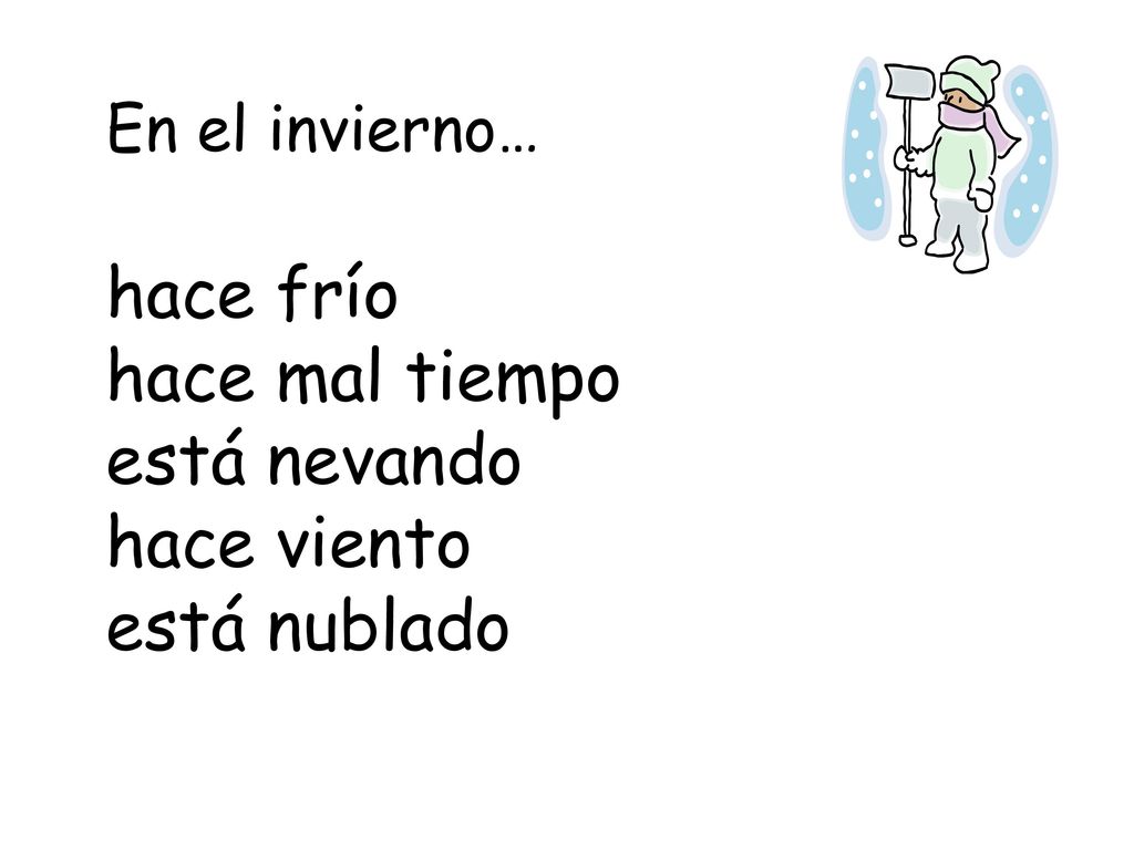 hace frío hace mal tiempo está nevando hace viento está nublado