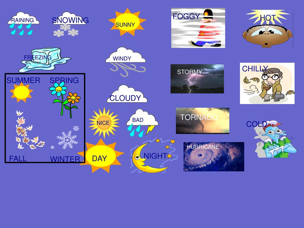 FOGGY HOT SNOWING CHILLY SUMMER FALL WINTER SPRING CLOUDY TORNADO COLD