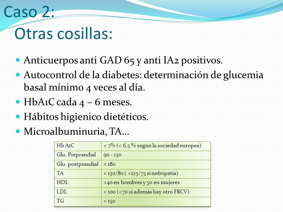 Caso 2: Otras cosillas: Anticuerpos anti GAD 65 y anti IA2 positivos.