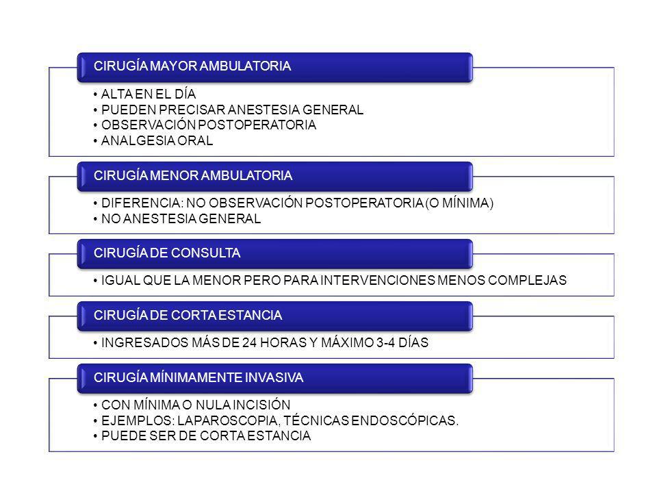 ALTA EN EL DÍA PUEDEN PRECISAR ANESTESIA GENERAL. OBSERVACIÓN POSTOPERATORIA. ANALGESIA ORAL. CIRUGÍA MAYOR AMBULATORIA.