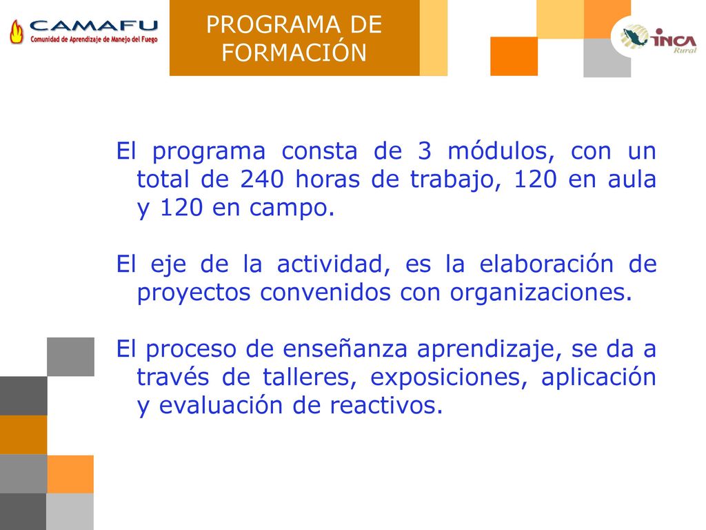 PROGRAMA DE FORMACIÓN El programa consta de 3 módulos, con un total de 240 horas de trabajo, 120 en aula y 120 en campo.