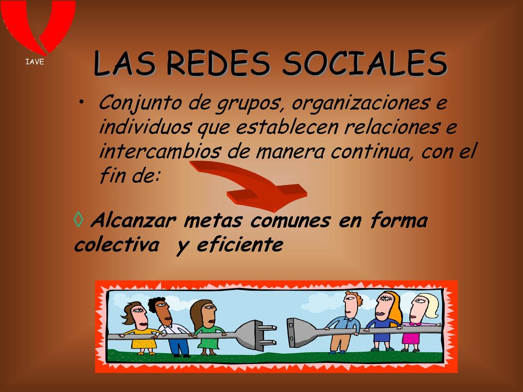 IAVE LAS REDES SOCIALES. Conjunto de grupos, organizaciones e individuos que establecen relaciones e intercambios de manera continua, con el fin de: