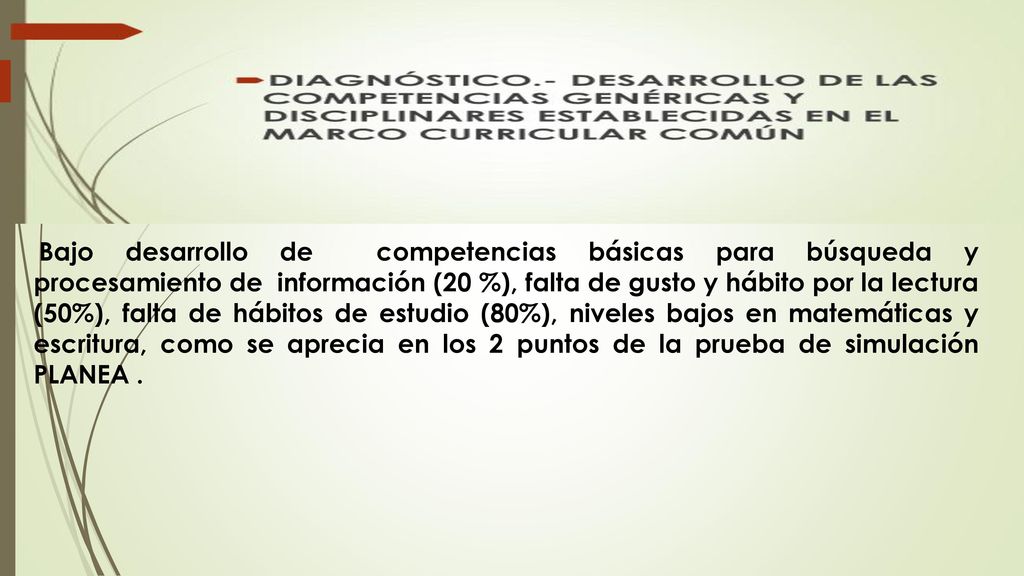 Bajo desarrollo de competencias básicas para búsqueda y procesamiento de información (20 %), falta de gusto y hábito por la lectura (50%), falta de hábitos de estudio (80%), niveles bajos en matemáticas y escritura, como se aprecia en los 2 puntos de la prueba de simulación PLANEA .