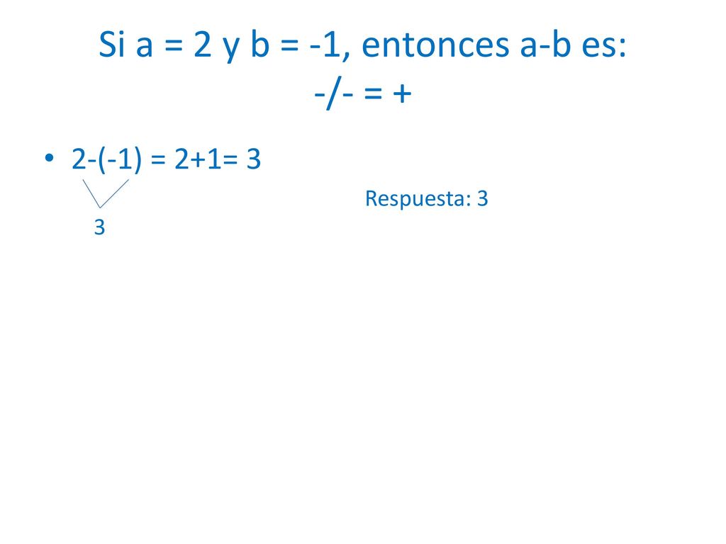 Si a = 2 y b = -1, entonces a-b es: -/- = +