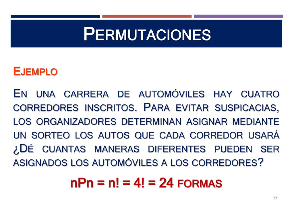 Permutaciones nPn = n! = 4! = 24 formas Ejemplo