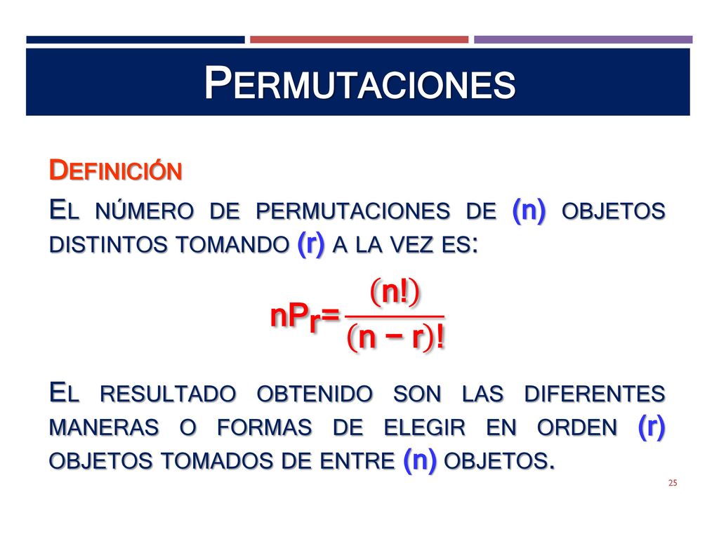 Permutaciones nP r = n! n − r ! Definición