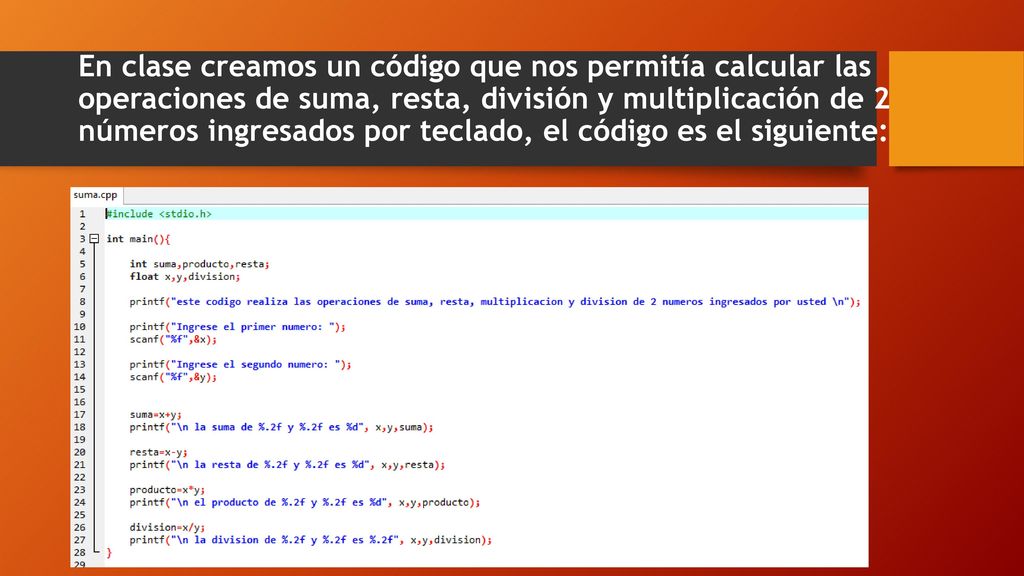 En clase creamos un código que nos permitía calcular las operaciones de suma, resta, división y multiplicación de 2 números ingresados por teclado, el código es el siguiente: