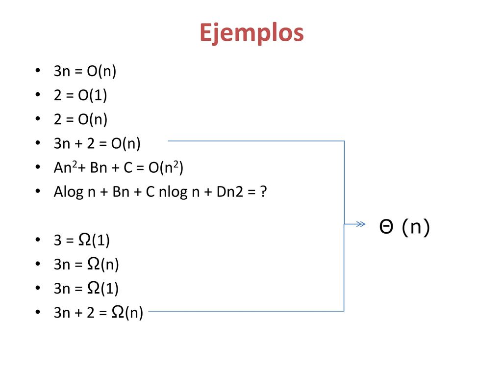 Ejemplos Θ (n) 3n = O(n) 2 = O(1) 2 = O(n) 3n + 2 = O(n)