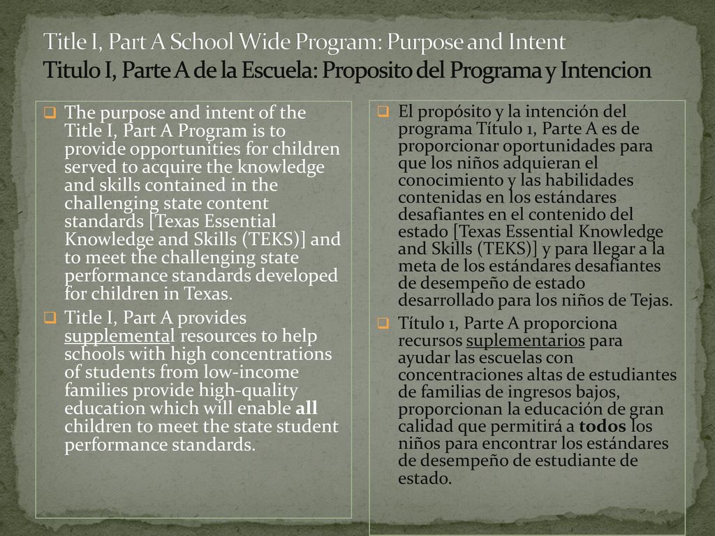 Title I, Part A School Wide Program: Purpose and Intent Titulo I, Parte A de la Escuela: Proposito del Programa y Intencion